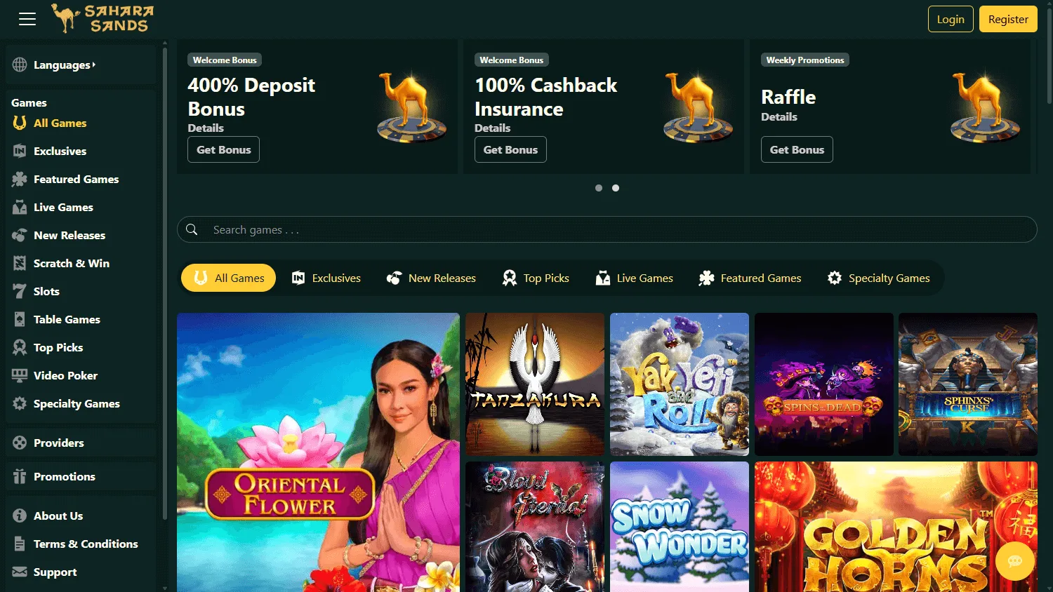 Sahara Sands Casino home on desktop